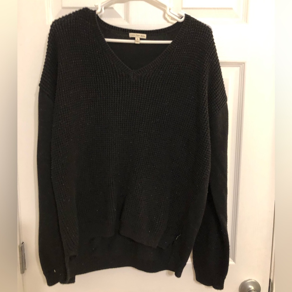 Calvin Klein Jeans Black V Neck Sweater, with Metallic Threading, Size Medium